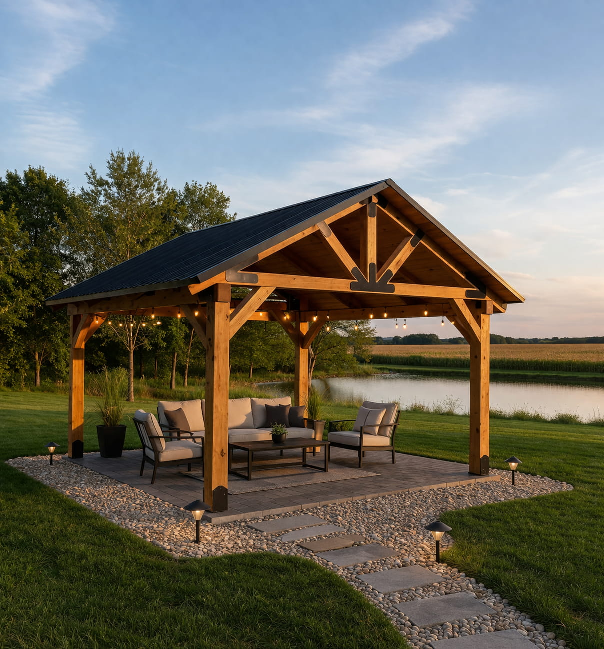 Timber pavilion with outdoor seating area at sunset