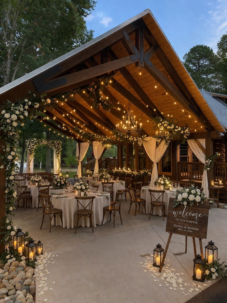 Timber pavilion set up for a wedding reception with string lights and elegant table settings