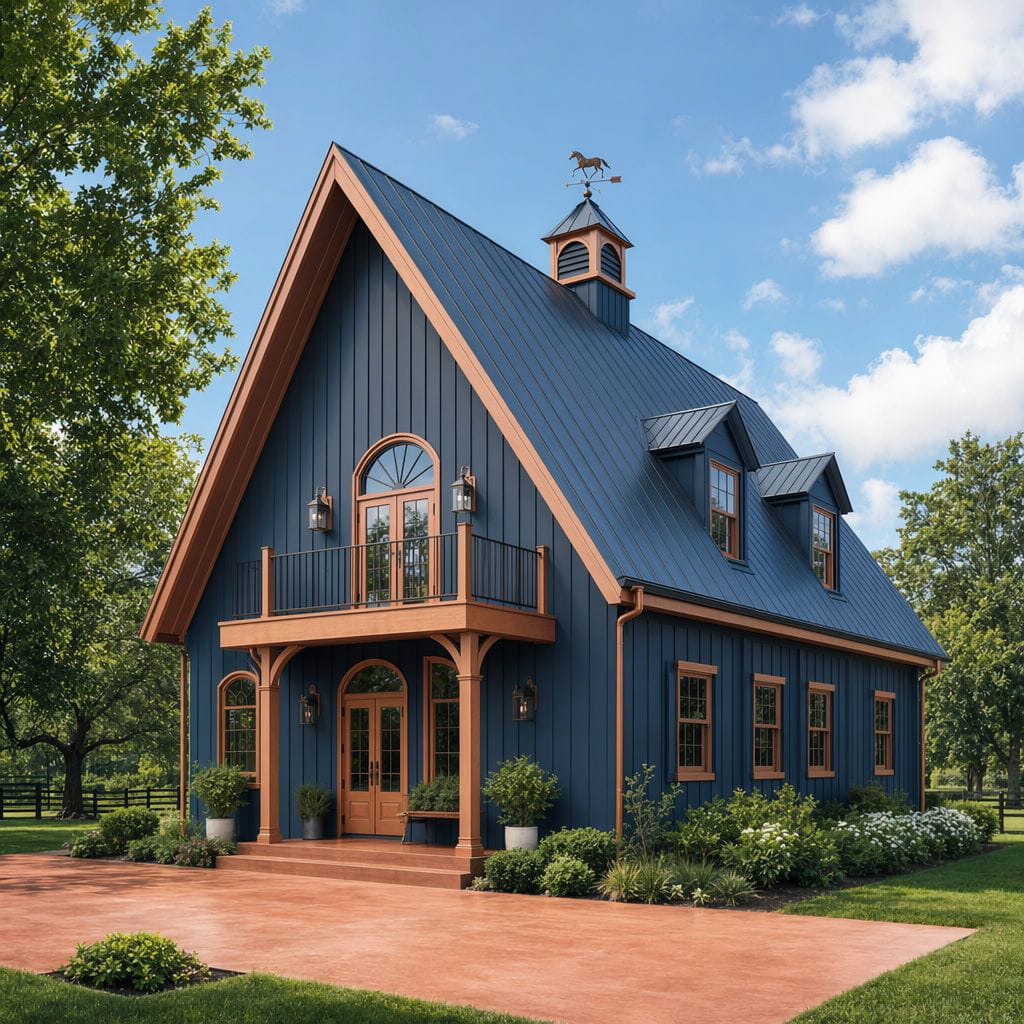 Dark blue barn-style building topped with a custom cupola and weathervane