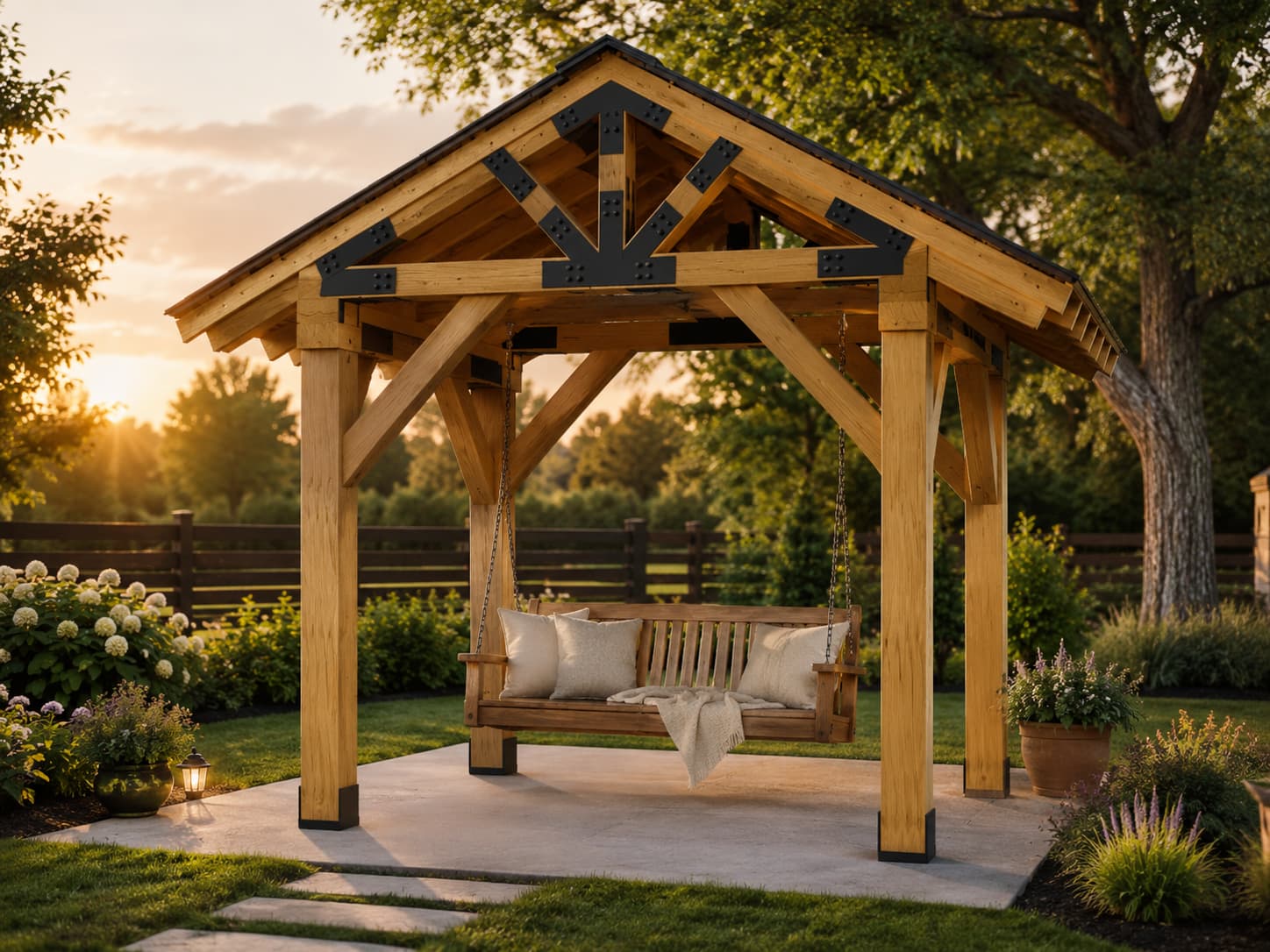 The Retreat timber pavilion with a hanging swing bench at sunset
