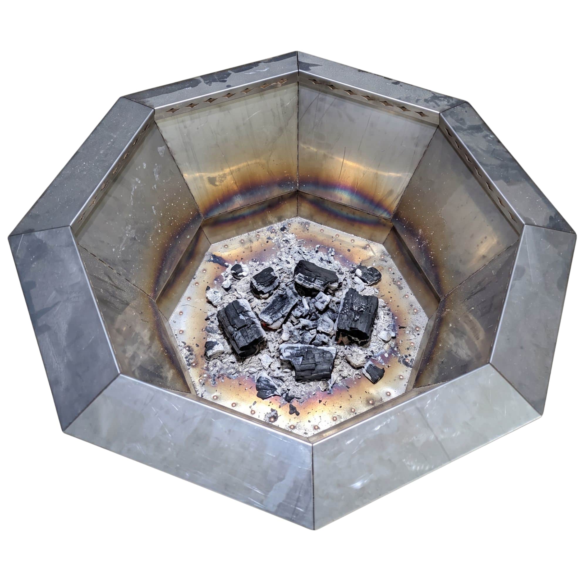 Removable stainless-steel fire tray containing cooled ash and charcoal