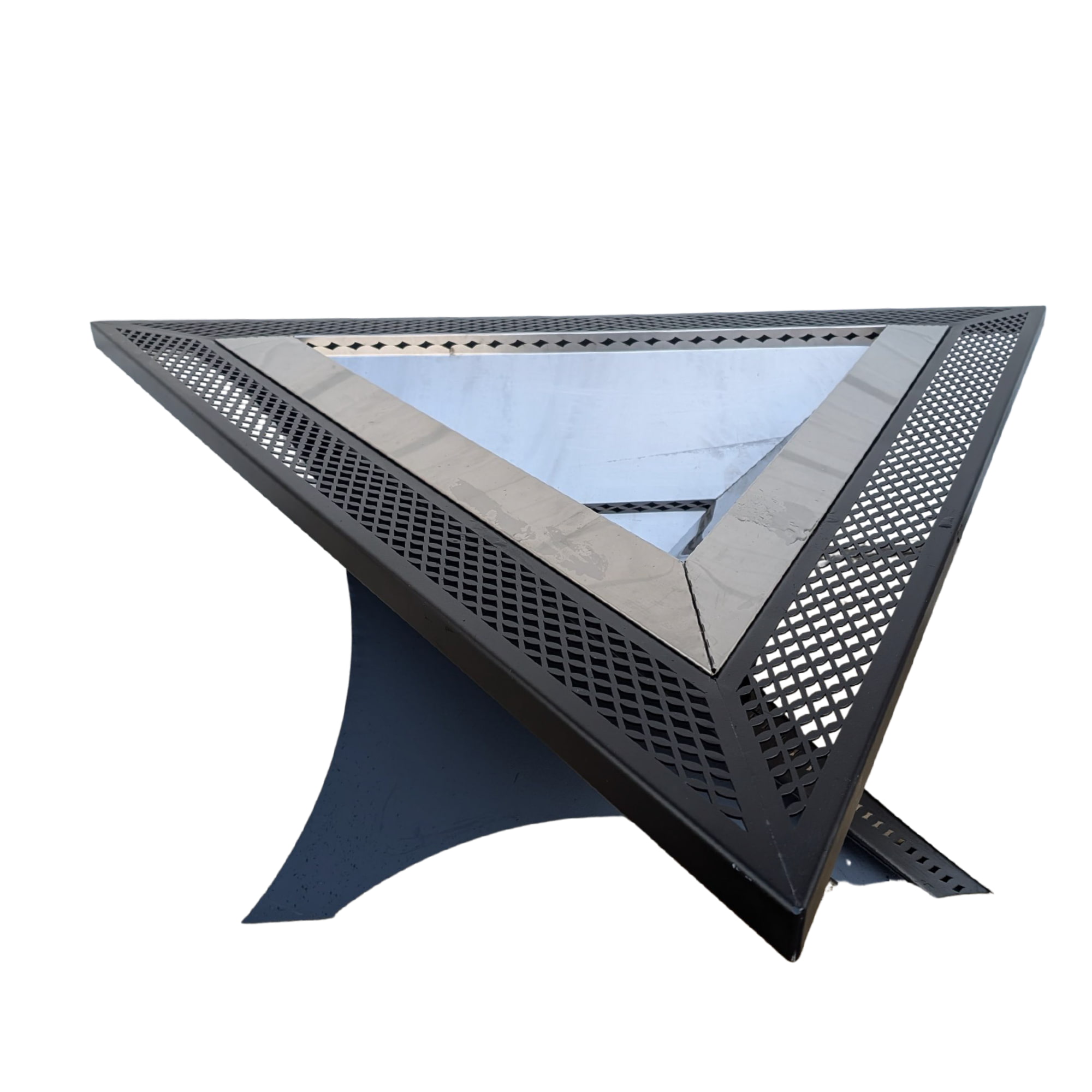 Three-sided steel fire pit with stainless-steel insert and ventilated perimeter