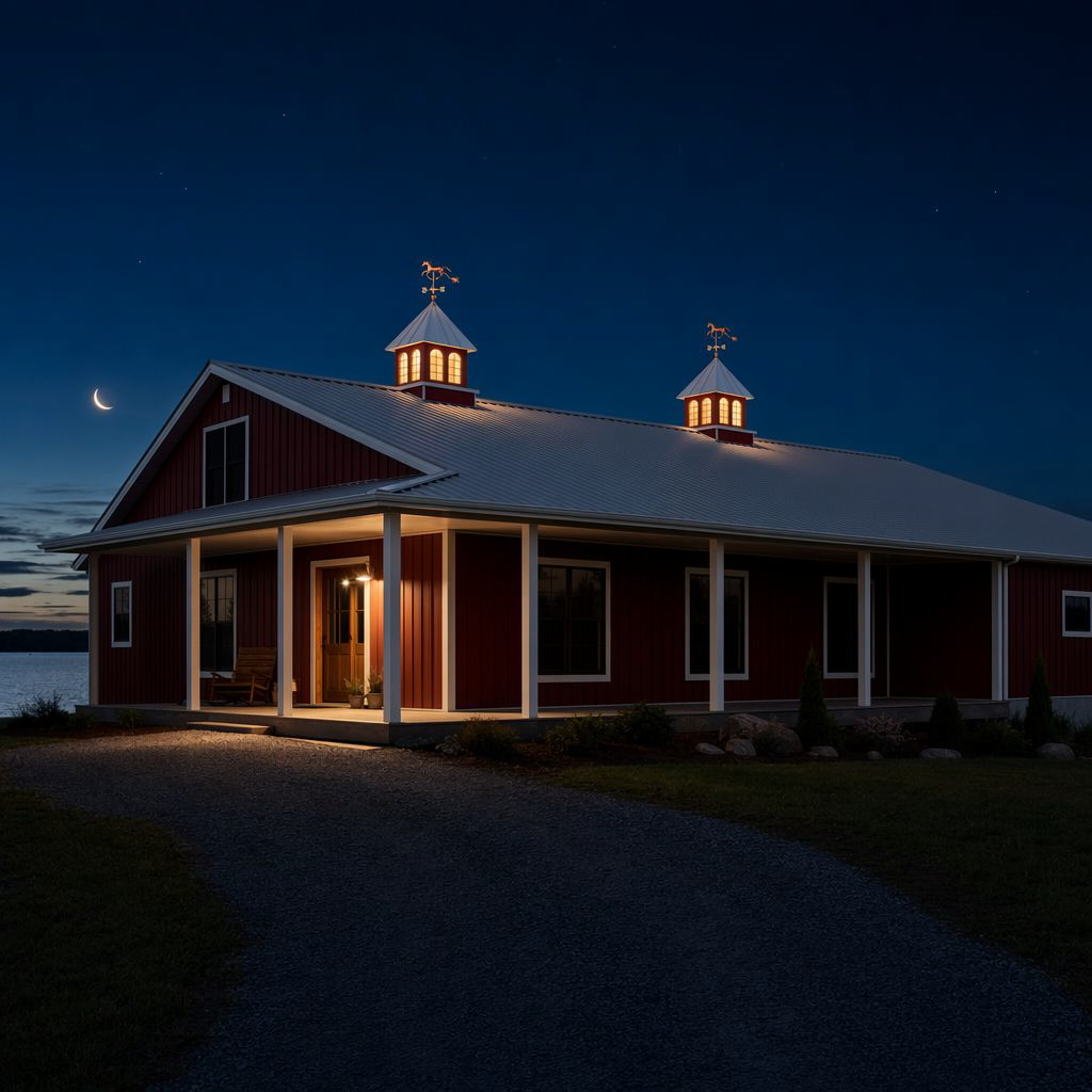 Two windowed cupolas glowing warmly on a building at night